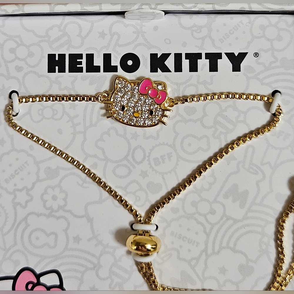 HELLO KITTY SANRIO GOLD FLASH PLATED CRYSTAL RHINESTONES SLIDE BRACELET NIB
